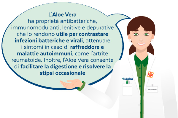 L'Aloe Vera ha proprietà antibatteriche, immunomodulanti, lenitive e depurative che lo rendono utile per contrastare infezioni batteriche e virali, attenuare i sintomi in caso di raffreddore e malattie autoimmuni, come l'artrite reumatoide. Inoltre, l'Aloe Vera consente di facilitare la digestione e risolvere la stipsi occasionale.