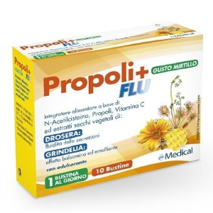 Propoli+ Flu è un integratore alimentare a base di N-Acetilcisteina, estratti secchi di propoli, grindelia, drosera, Vitamina C con miele.