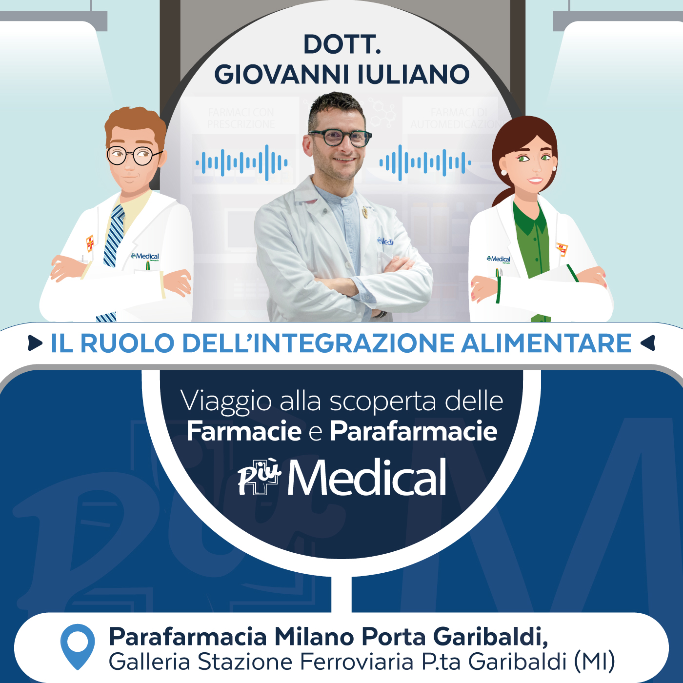 Copertina del podcast Più Medical ''Il ruolo dell'integrazione alimentare'', con il Dottor Giovanni Iuliano della Parafarmacia di Milano Porta Garibaldi 