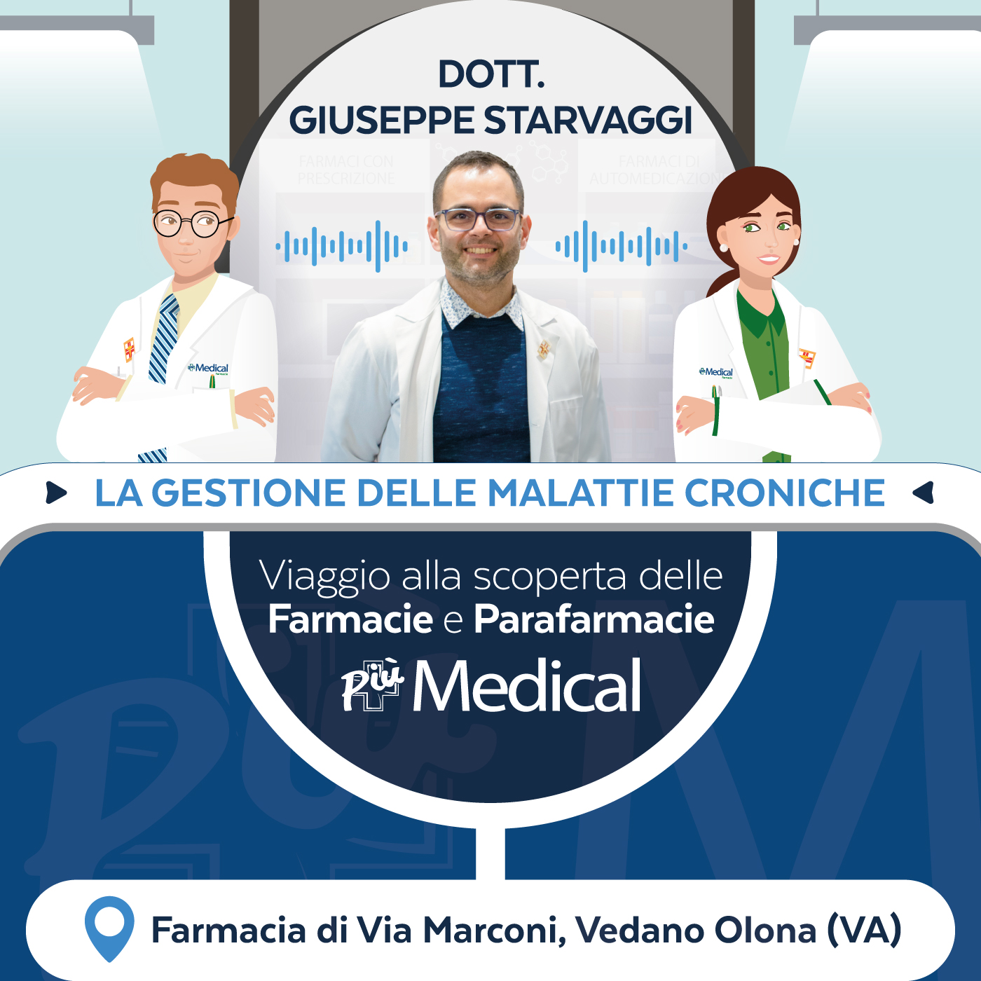 Copertina del podcast Più Medical dal titolo ''La gestione delle malattie croniche'', con il Dottor Giuseppe Starvaggi della Farmacia di Vedano Olona