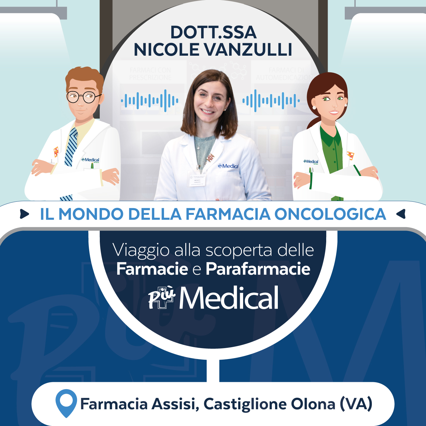 Copertina del podcast Più Medical dal titolo ''Il mondo della farmacia oncologica'', con la Dott.ssa Nicole Vanzulli della Farmacia Assisi di Castiglione Olona