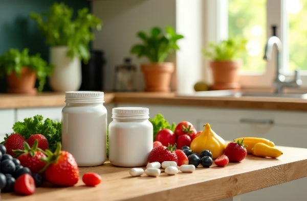 Concept per stanchezza mentale e fisica integratori: confezione di integratori vicino a frutta di stagione