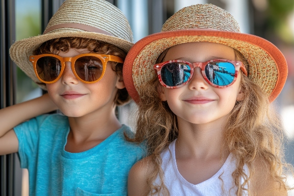 Concept per pelle dei bambini in estate: primo piano di due bambini sorridenti con occhiali da sole