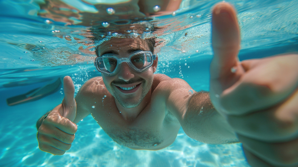 Concept per integrazione estiva: giovane uomo sorridente in piscina con occhialini