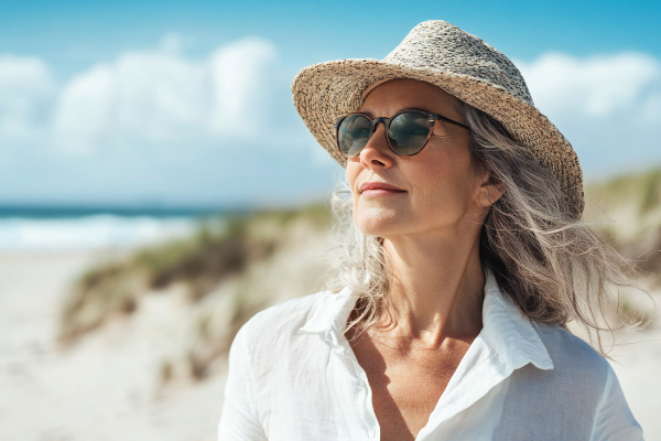 Concept per integrazione estiva: donna di mezza età in spiaggia con cappello e occhiali da sole