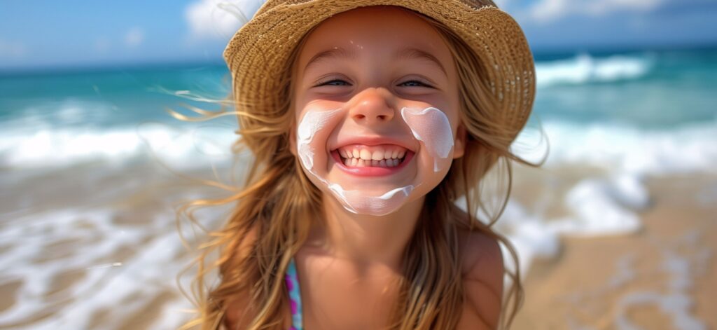 Concept per pelle dei bambini in estate: primo piano di bambina sorridente con crema solare sul viso
