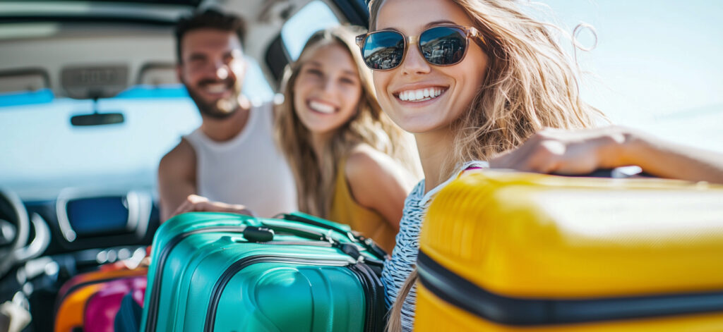 Concept per rimedi ai fastidi estivi: tre giovani sorridenti con valigie