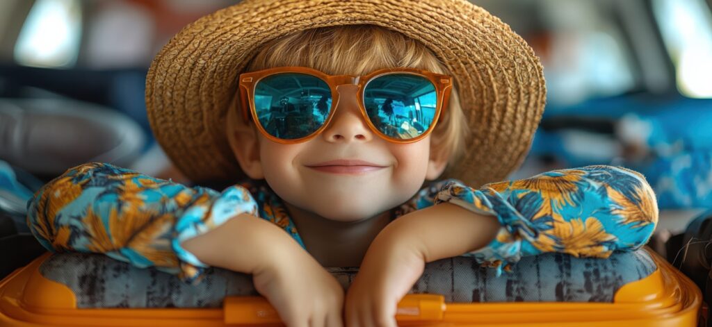 Concept per bambini in viaggio: bambino sorridente con occhiali da sole, appoggiato ad una valigia.