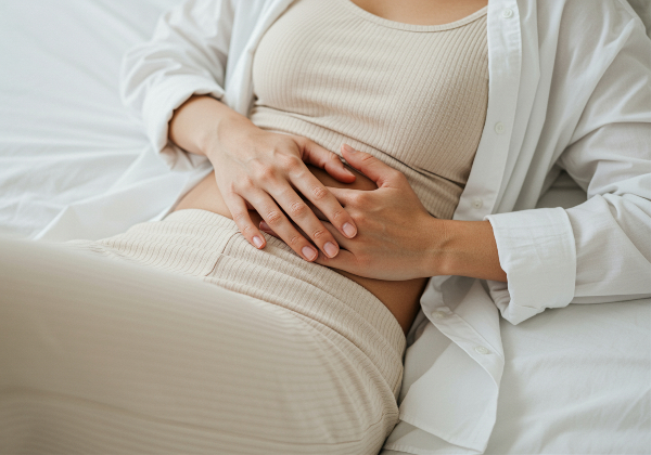Concept per fermenti lattici: donna sdraiata a letto che si tiene lo stomaco per il dolore addominale