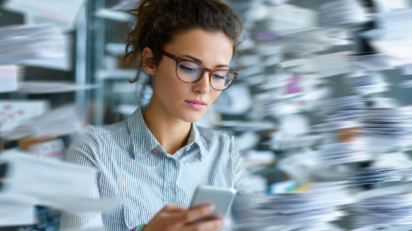 Concept per memoria e concentrazione: primo piano di donna che guarda lo smartphone, sommersa da libri