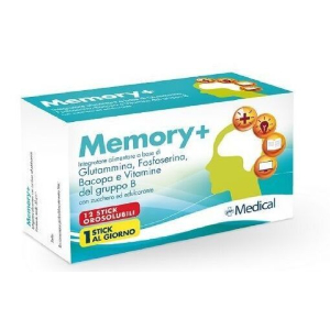 Memory+ integratore alimentare in polvere orosolubile a base di Glutammina, Fosfoserina, Bacopa, e Vitamine del gruppo B con zucchero ed edulcorante. Utile per supportare memoria e concentrazione.