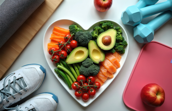 Concept per colesterolo: close up di strumenti per il fitness e di cibo salutare