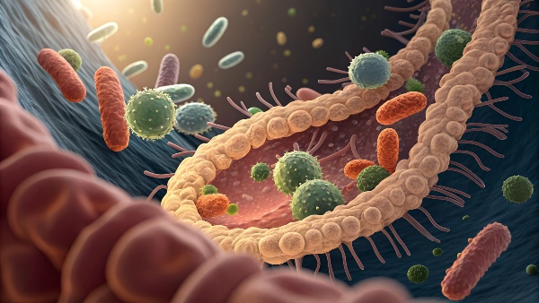 Concept per intestino sano: illustrazione di flora batterica intestinale 