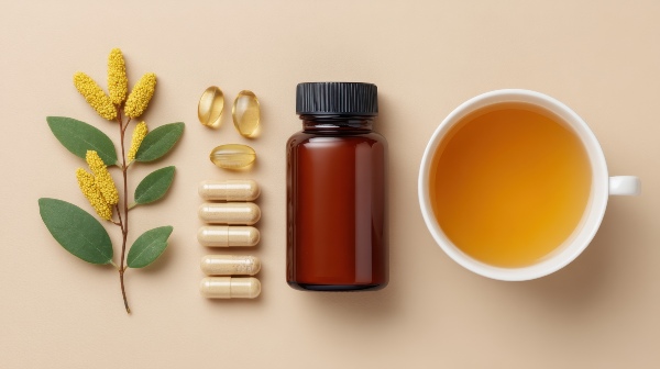 Concept per intestino sano: integratori alimentari in pillole, gocce e tisana