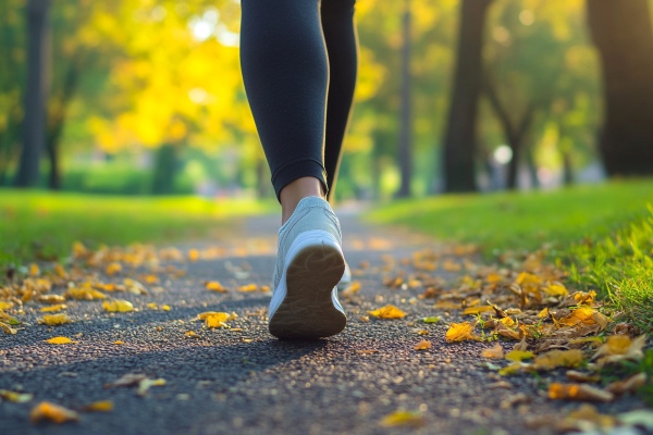 Concept per intestino sano: close up su gambe in tenuta da jogging in un parco