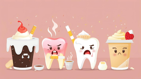 Concept per mal di denti e infiammazione gengivale: illustrazione di cibi dolci e sigarette