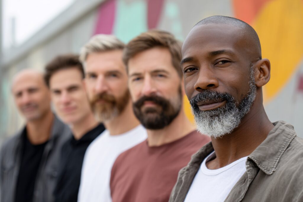 Concept prostata e benessere maschile: diversi primi piani di uomini