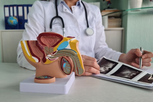 Concept prostata e benessere maschile: close up di modello anatomico 3d della prostata