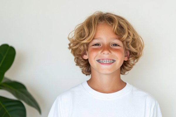 Concept per mal di denti e infiammazione gengivale: close up su bambino sorridente con apparecchio ortodontico