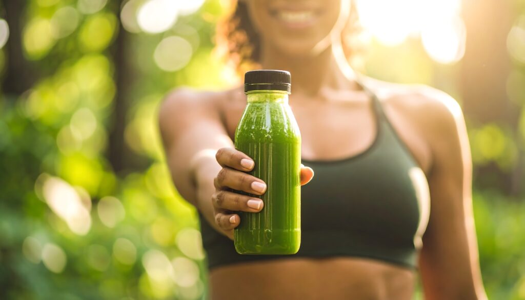 Concept per depurare il fegato: close up su succo verde tenuto in mano da una giovane donna