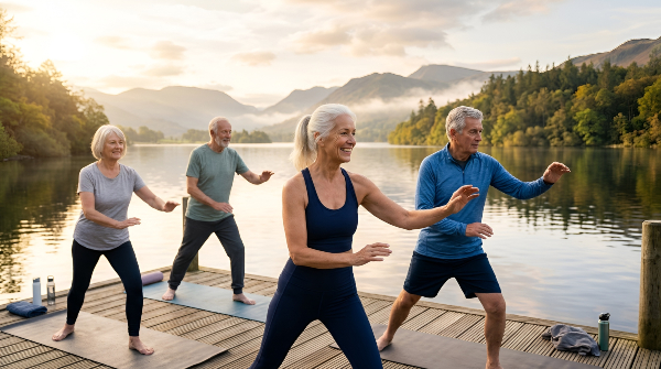 Concept per ripresa dell'attività fisica dopo le vacanze: persone mature fanno sport in riva a un lago